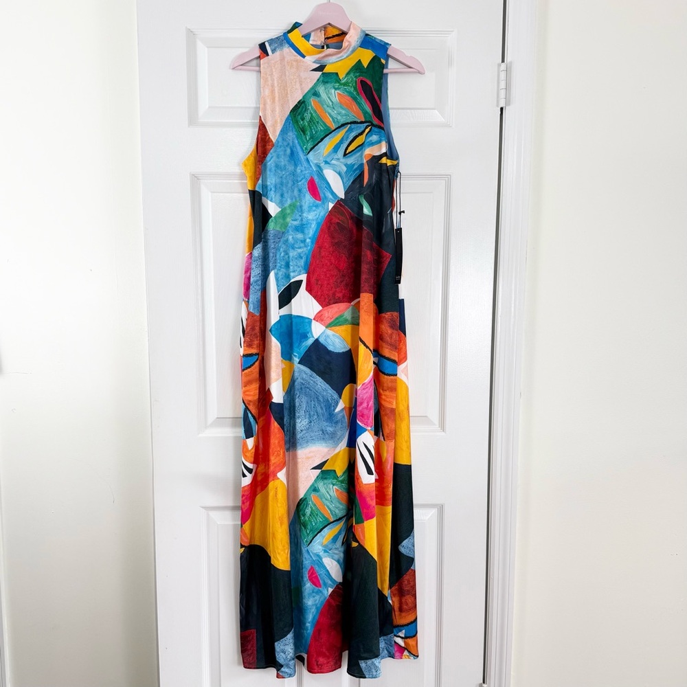NEW Nicole Miller Mock Neck Sleeveless Abstract Colorful Maxi Dress Small